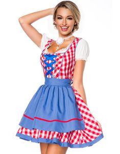 Traditionell Röd och Vit Rutig Dirndl Kostyme med Blå Partier