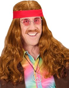 Brun Hippieperuk för Man med Pannband och Mustasch