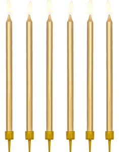 12 stk Guldfärgade Långa Tårtljus med Hållare 13 cm