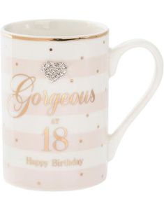 Gorgeous at 18 - Rosa og Hvitt Porselenskrus med Gullfarget Tekst og Sølvhjerte