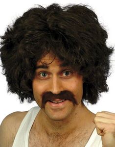 Retro Peruk & Lösmustasch - Brun (Kostymtillbehör)