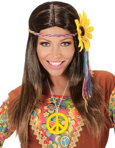 Lång Brun Hippieperuk med Flätor och Pannband